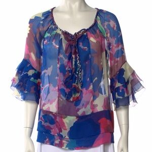 Diane Von Furstenberg Sheer Multicolor Ruffle-Sleeve Blouse